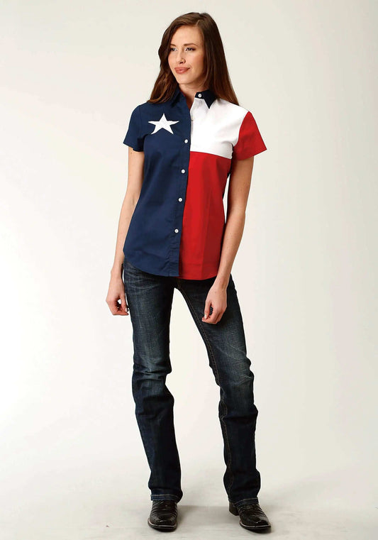 Roper Womens Red White And Blue Pieced Texas Flag Short Sleeve Western Snap Shirt - Roper - Flyclothing LLC