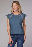 Roper Womens Short Sleeve Pullover Med Blue Denim Short Sleeve Peasant Blouse With Flutter Raglan Sleeves Embroidery - Roper - Flyclothing LLC