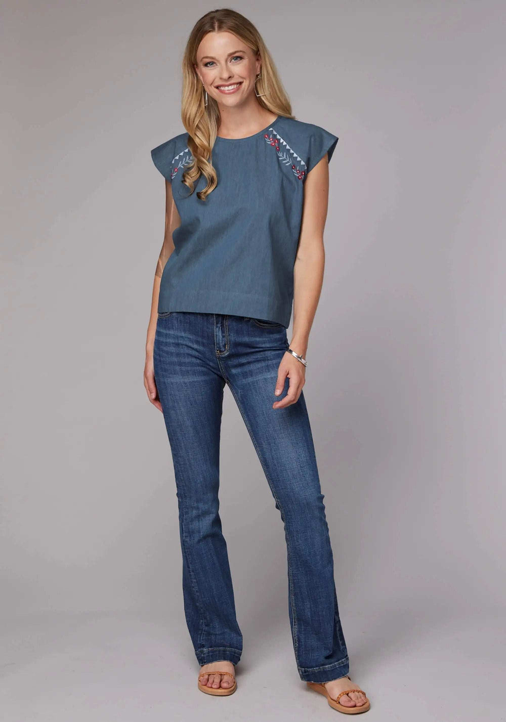 Roper Womens Short Sleeve Pullover Med Blue Denim Short Sleeve Peasant Blouse With Flutter Raglan Sleeves Embroidery - Roper - Flyclothing LLC