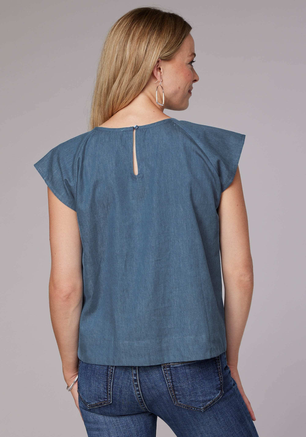 Roper Womens Short Sleeve Pullover Med Blue Denim Short Sleeve Peasant Blouse With Flutter Raglan Sleeves Embroidery - Roper - Flyclothing LLC