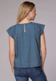 Roper Womens Short Sleeve Pullover Med Blue Denim Short Sleeve Peasant Blouse With Flutter Raglan Sleeves Embroidery - Roper - Flyclothing LLC