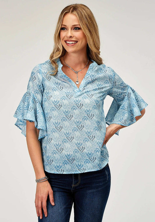 Roper Womens Short Sleeve Pullover Ikat Cheveron Print Poly Blouse With V Neck Placket And Circular Ruffle Cuffs - Roper - Flyclothing LLC