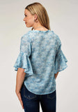 Roper Womens Short Sleeve Pullover Ikat Cheveron Print Poly Blouse With V Neck Placket And Circular Ruffle Cuffs - Roper - Flyclothing LLC