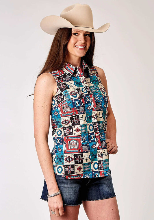 Roper Womens Sleeveless Snap Vintage Patchwork Print Top - Roper - Flyclothing LLC