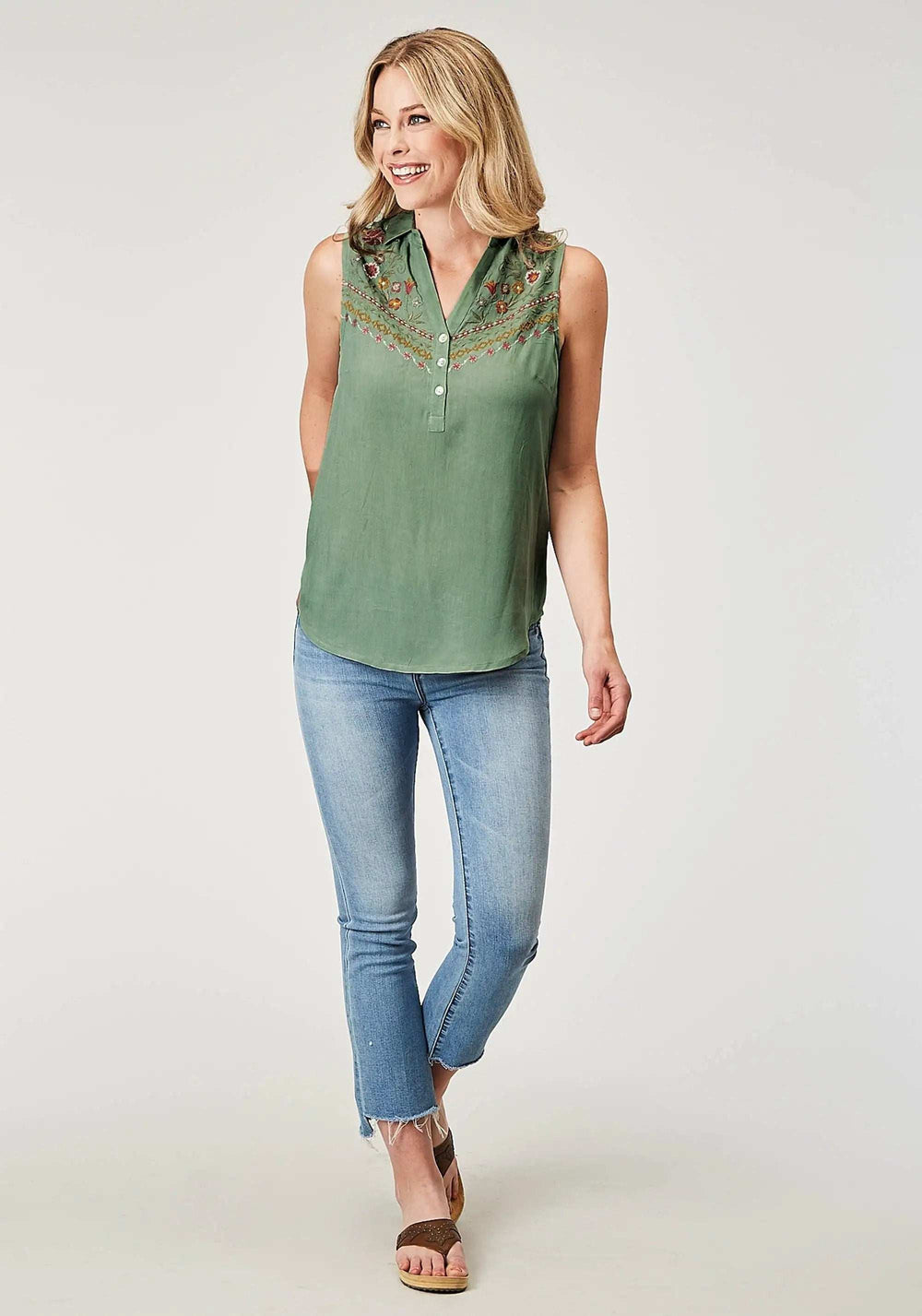 Roper Womens Sleeveless Button Rayon Challis Greenblouse With V Neck And Embroidery - Roper - Flyclothing LLC