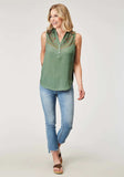 Roper Womens Sleeveless Button Rayon Challis Greenblouse With V Neck And Embroidery - Roper - Flyclothing LLC