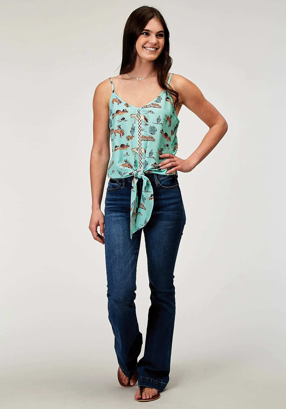 Roper Womens Sleeveless Desert Toile Print Rayon Tank With Spaghetti Strap And Front Tie - Roper - Flyclothing LLC