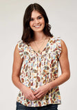 Roper Womens Sleeveless Feather Toss Printed Rayon Tank With Ruffle Sleeve - Roper - Flyclothing LLC