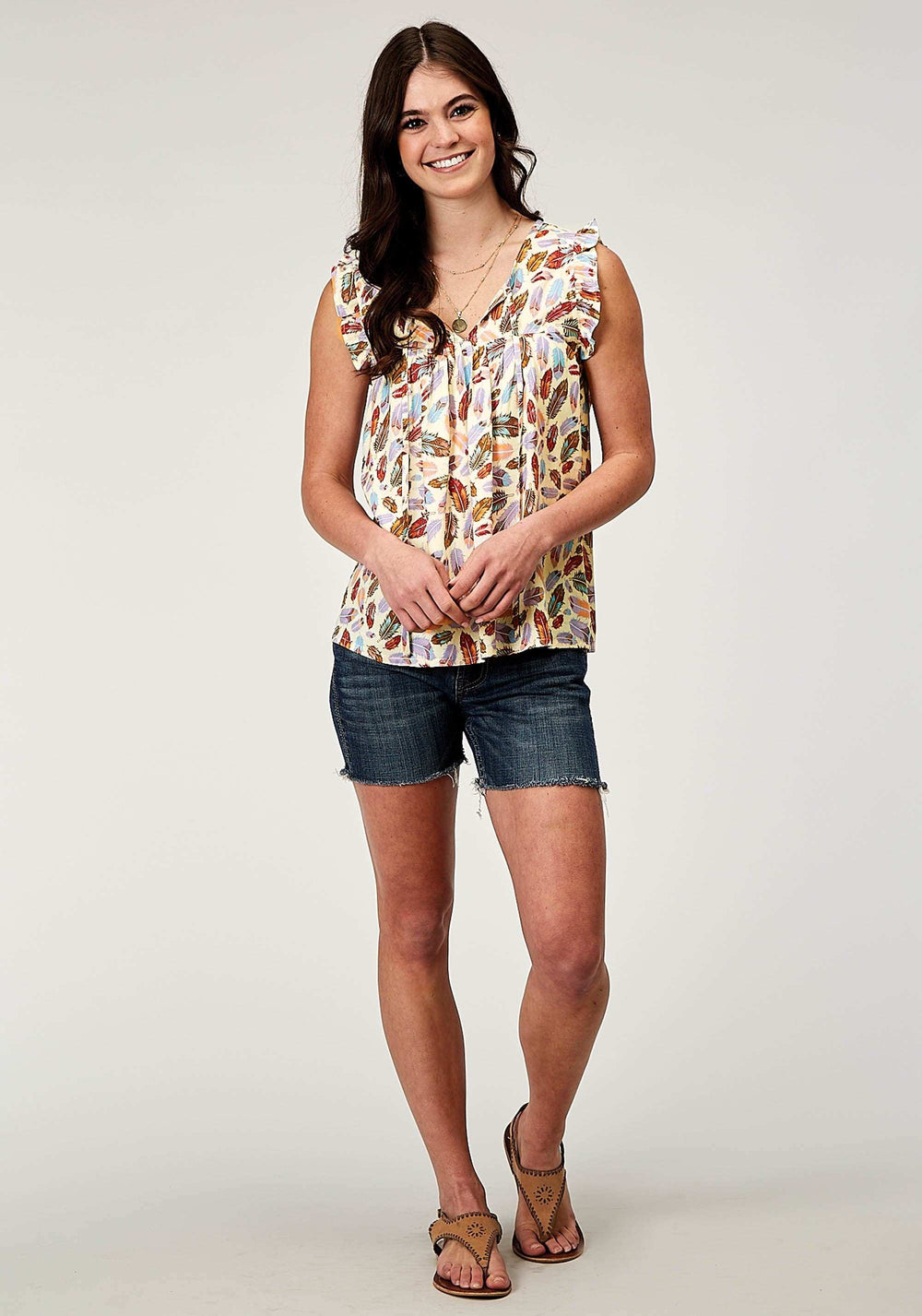 Roper Womens Sleeveless Feather Toss Printed Rayon Tank With Ruffle Sleeve - Roper - Flyclothing LLC