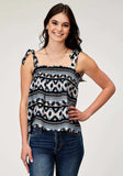 Roper Womens Sleeveless Navy Aztec Printed Rayon Tank With Babydoll Self Ties Shirring - Roper - Flyclothing LLC