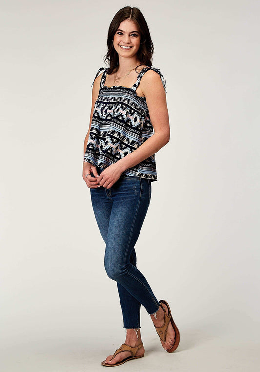 Roper Womens Sleeveless Navy Aztec Printed Rayon Tank With Babydoll Self Ties Shirring - Roper - Flyclothing LLC