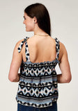 Roper Womens Sleeveless Navy Aztec Printed Rayon Tank With Babydoll Self Ties Shirring - Roper - Flyclothing LLC