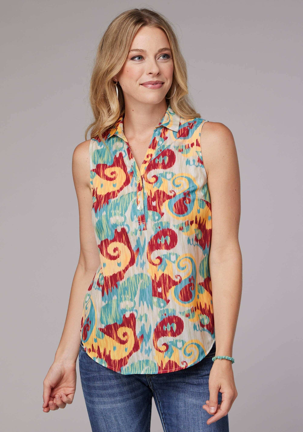 Roper Womens Sleeveless Button Ikat Paisley Print Poly Crepe Blouse - Roper - Flyclothing LLC
