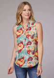 Roper Womens Sleeveless Button Ikat Paisley Print Poly Crepe Blouse - Roper - Flyclothing LLC