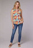 Roper Womens Sleeveless Button Ikat Paisley Print Poly Crepe Blouse - Roper - Flyclothing LLC
