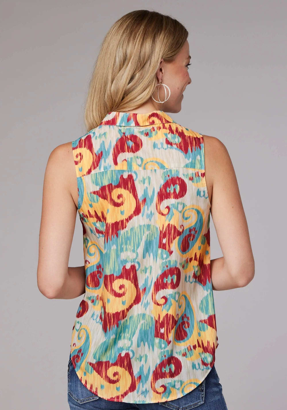 Roper Womens Sleeveless Button Ikat Paisley Print Poly Crepe Blouse - Roper - Flyclothing LLC