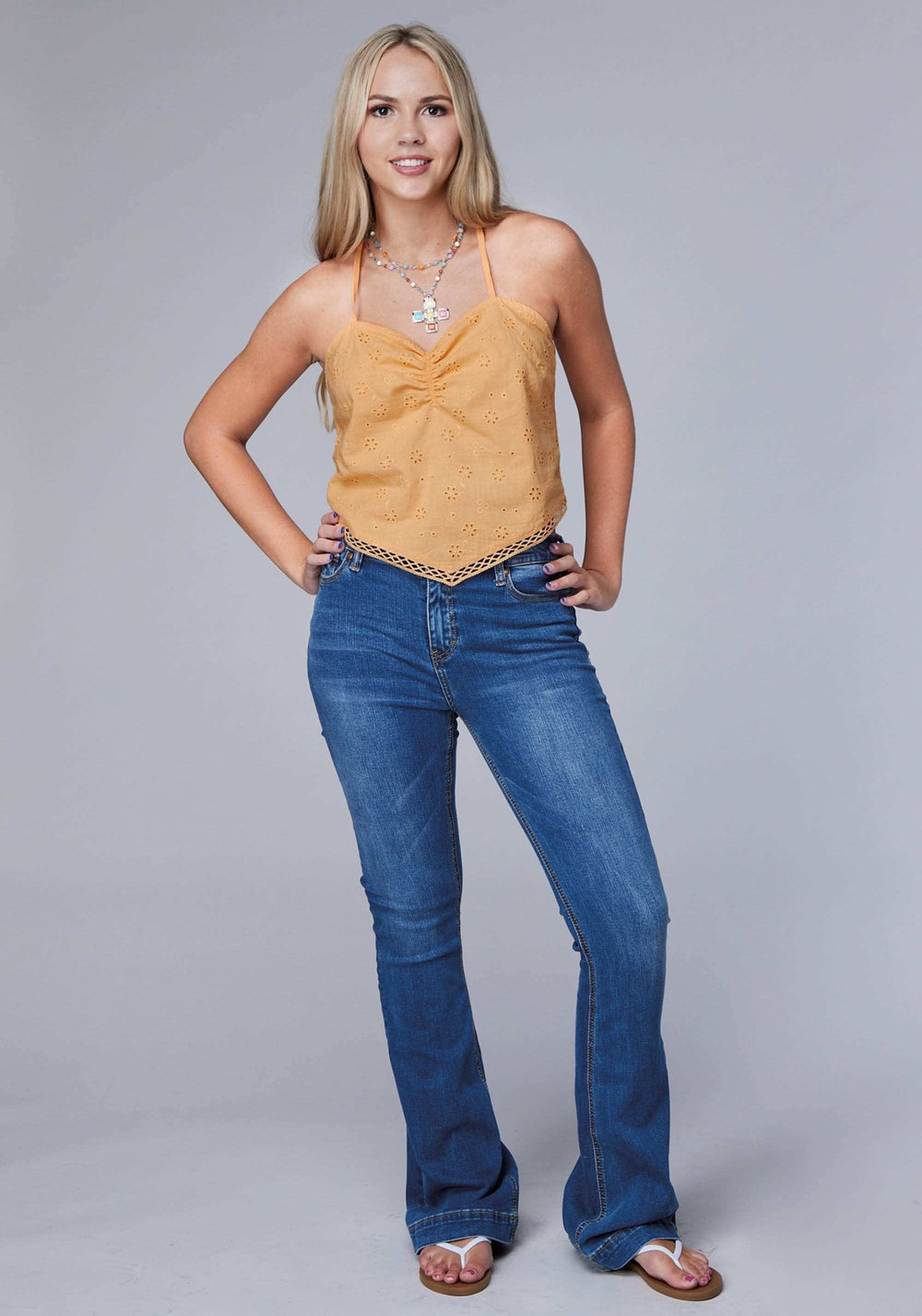 Roper Womens Sleeveless Eyelet Bandana Tank With Adjustable Straps And Ruched Back Panel Front Trim - Roper - Flyclothing LLC