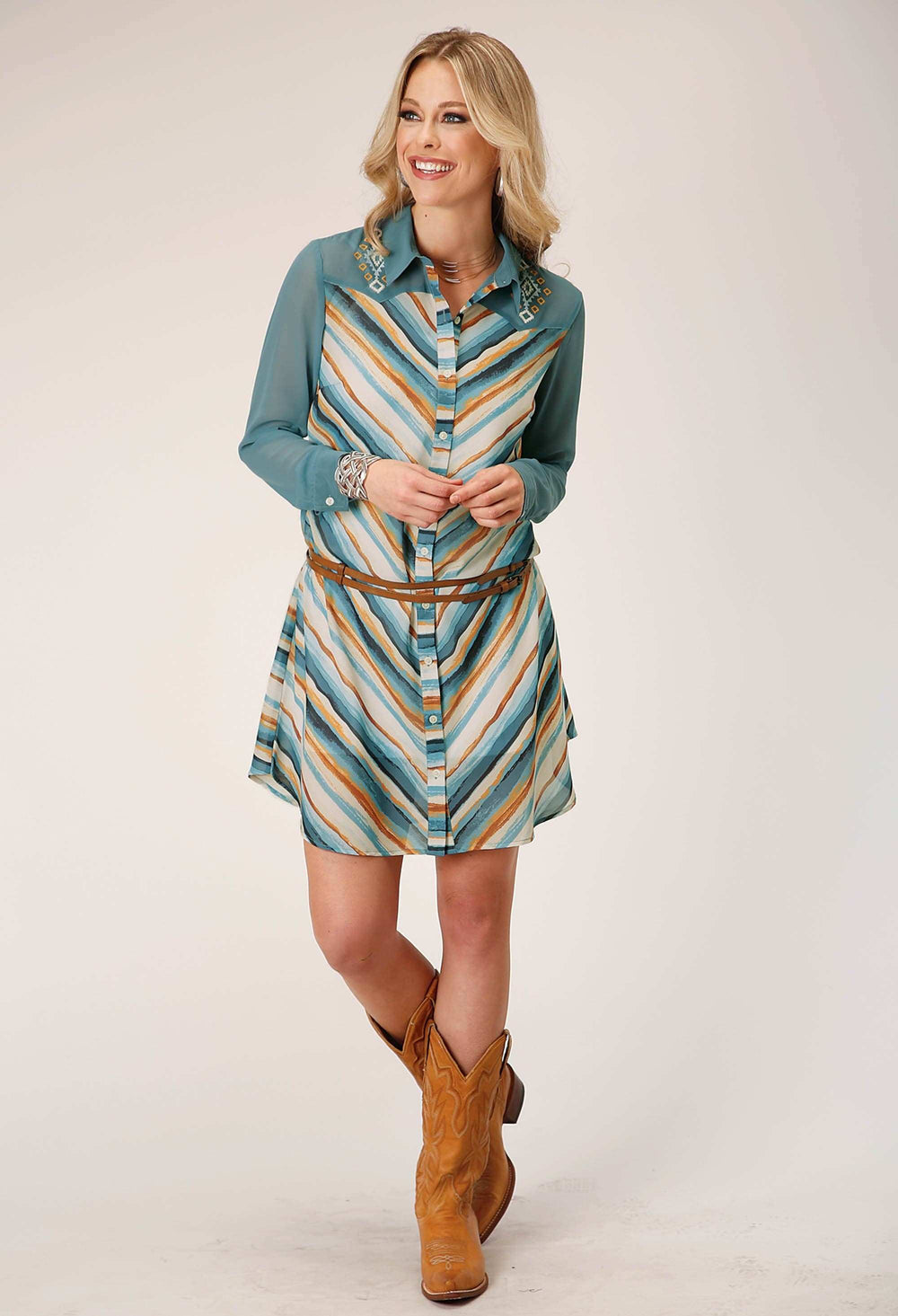 Roper Womens Long Sleeve Watercolor Stripe Print Shirt Dress With Contrast Denim Yokes And Sleeves - Roper - Flyclothing LLC