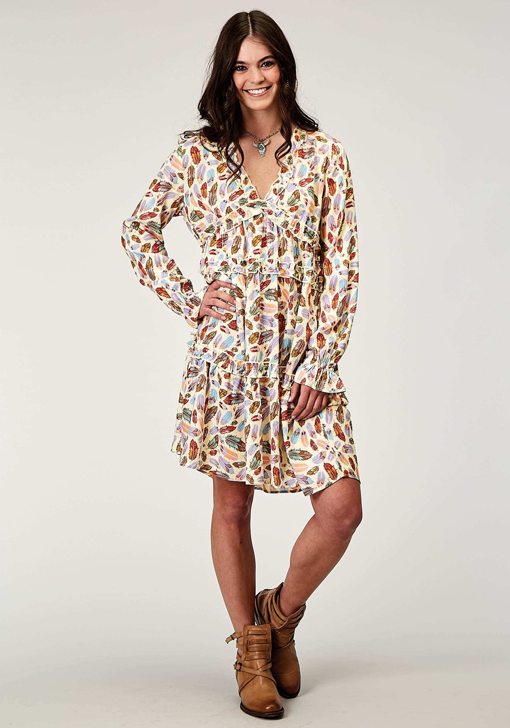 Roper Womens Long Sleeve Feather Toss Printed Rayon Dress With V Neck 2 Tier Sleeve Self Ruffles - Roper - Flyclothing LLC