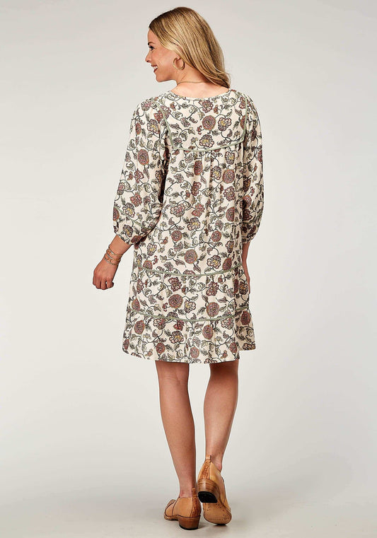 Roper Womens Long Sleeve Vintage Floral Print Dress With 2 Tierred Skirt Keyhole Neck - Roper - Flyclothing LLC