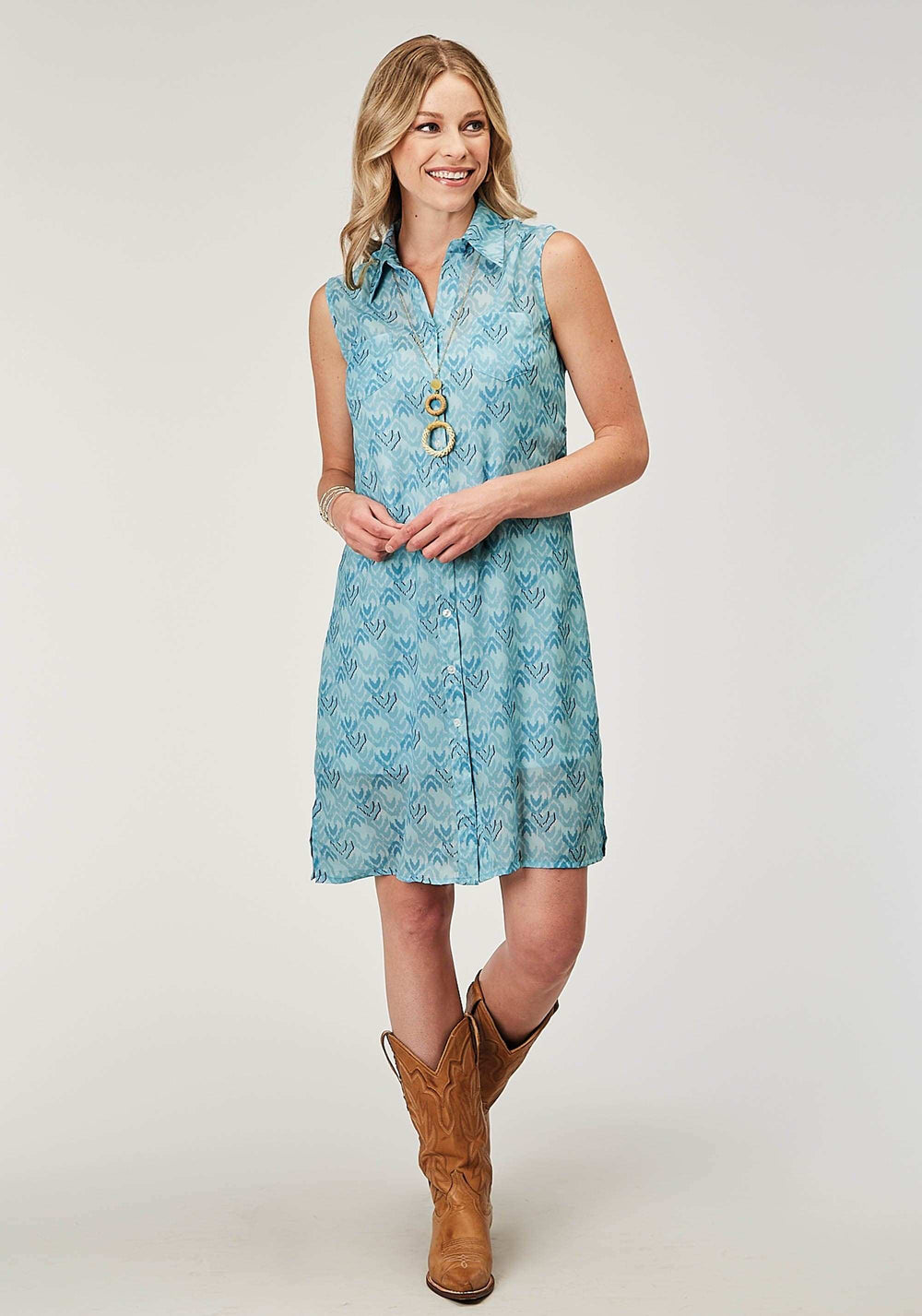 Roper Womens Sleeveless Ikat Cheveron Print Poly Shirt Dress - Roper - Flyclothing LLC