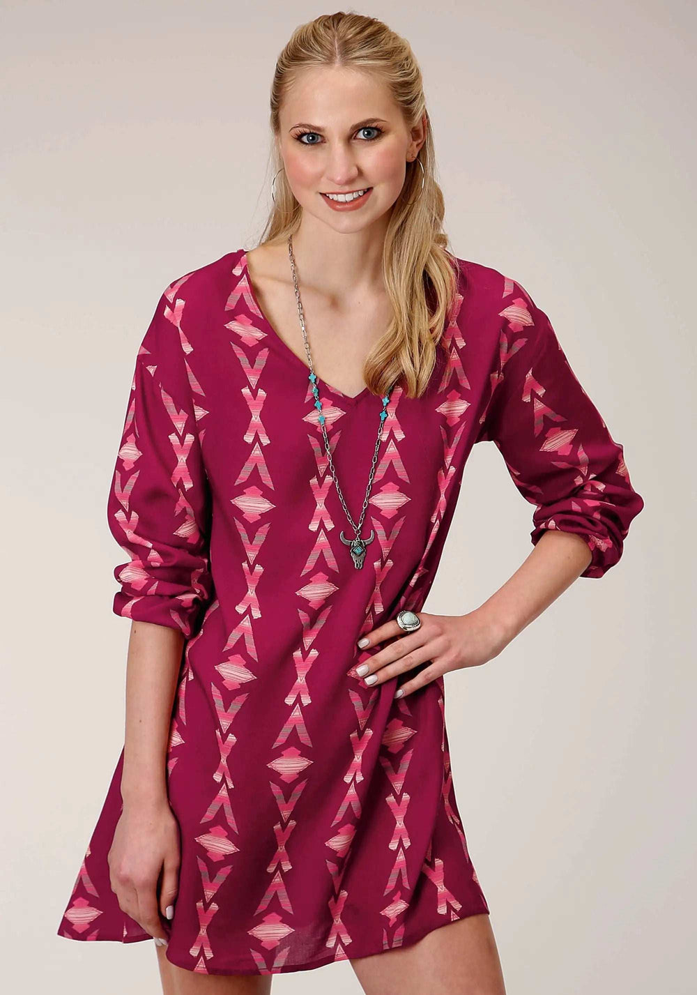 Roper Womens Long Sleeve Wine Aztec Print Dolman Sleeveless Dress - Roper - Flyclothing LLC