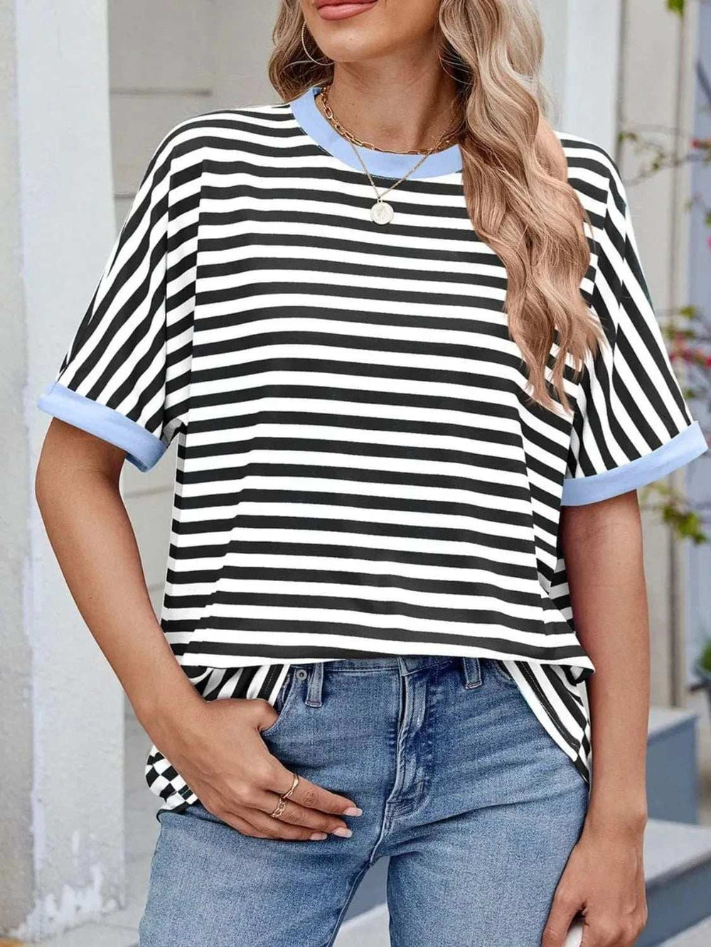 Striped Round Neck Half Sleeve T-Shirt - Trendsi - Flyclothing LLC