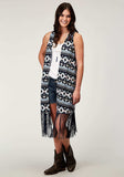 Roper Womens Navy Aztec Printed Rayon Vest With Racer Back Cardigan Long Fringe Trim - Roper - Flyclothing LLC