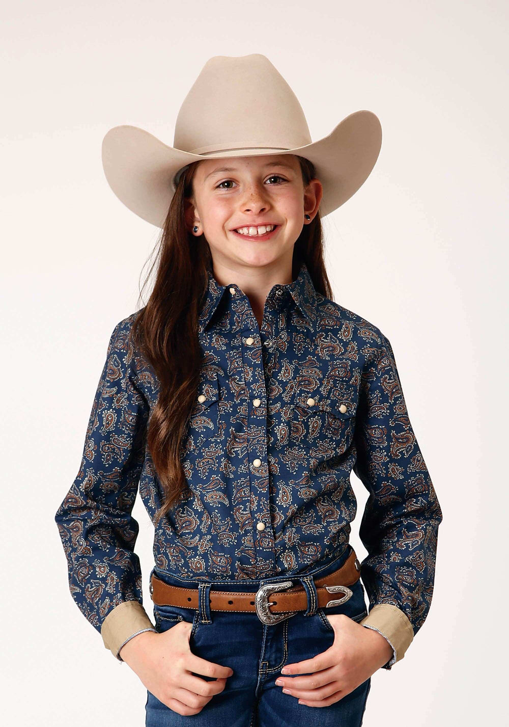 Roper Girls Long Sleeve Snap Navy Paisley Western Shirt - Roper - Flyclothing LLC