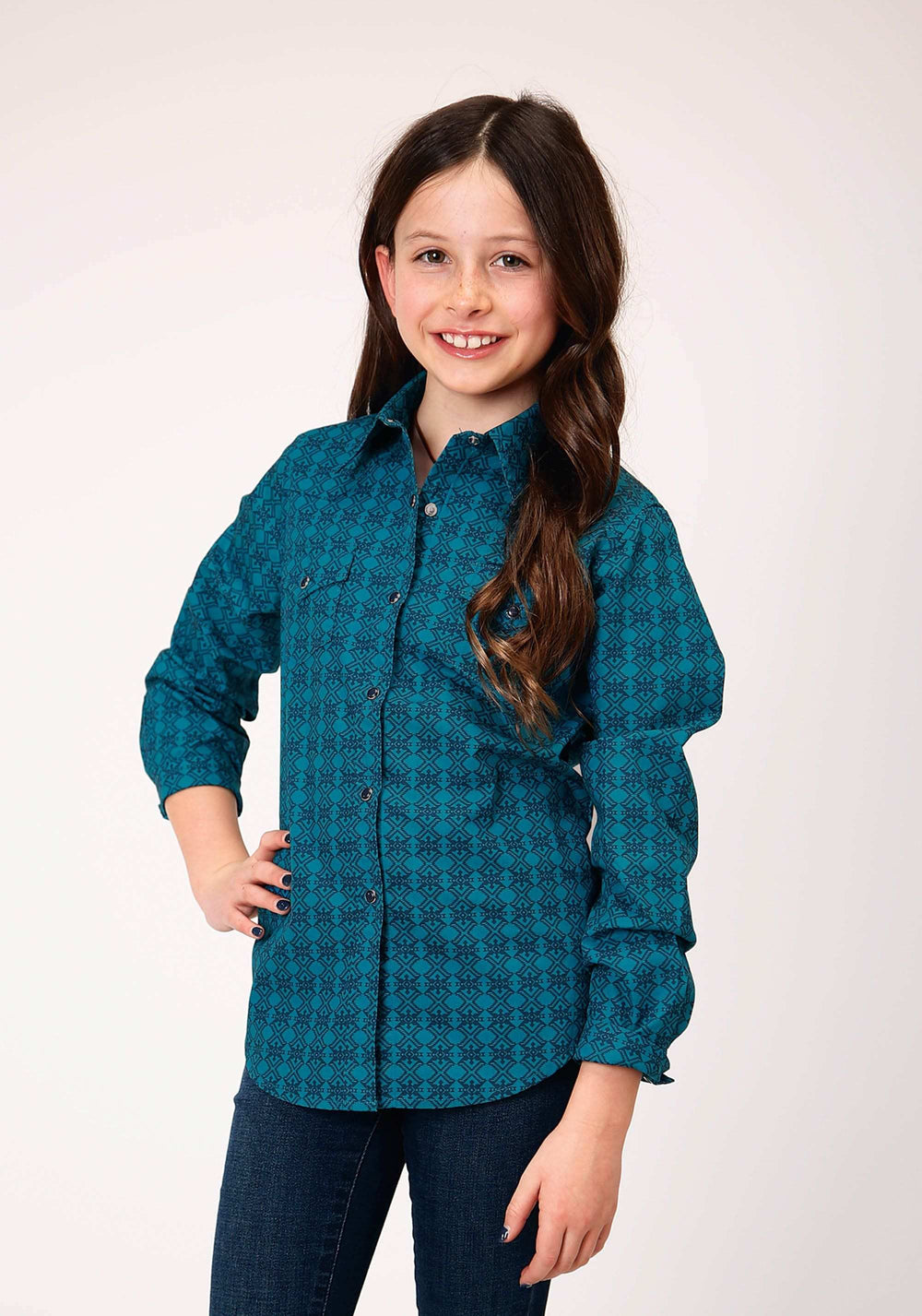 Roper Girls Long Sleeve Snap Tiles Print Western Shirt - Roper - Flyclothing LLC