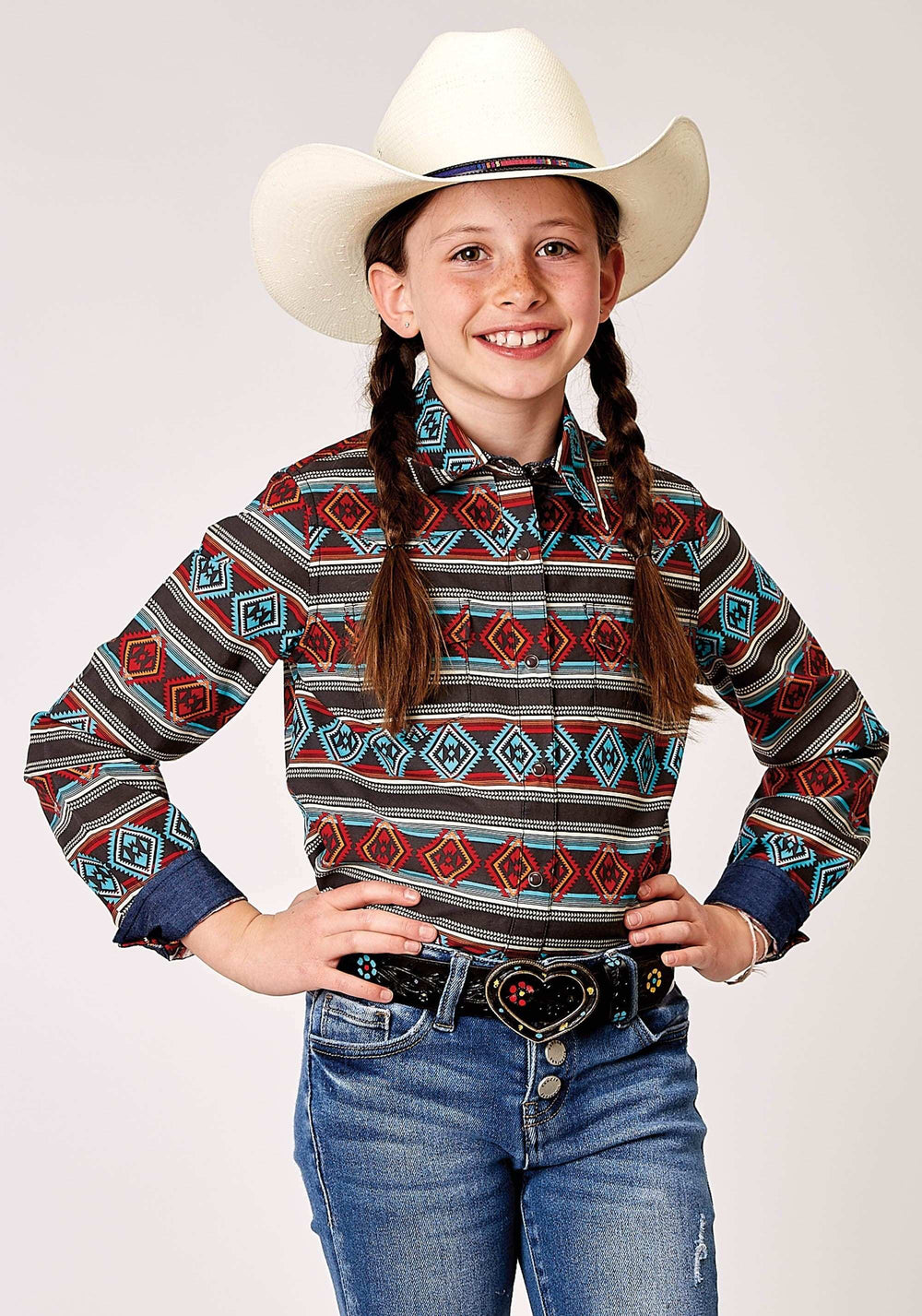 Roper Girls Long Sleeve Snap Aztec Stripe Print Western Shirt - Roper - Flyclothing LLC