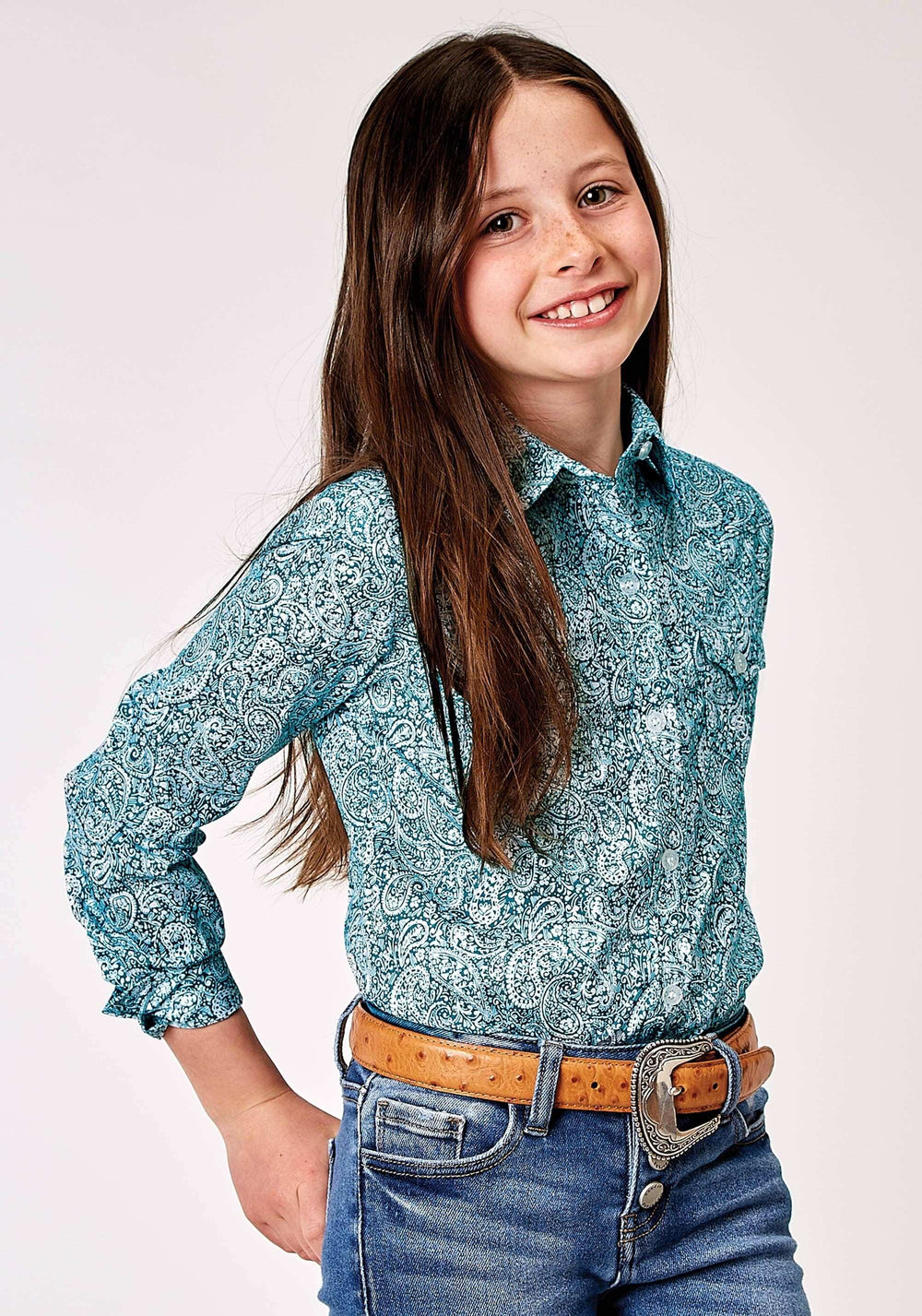 Roper Girls Long Sleeve Button Stretch Poplin Teal Paisley Western Shirt - Roper - Flyclothing LLC