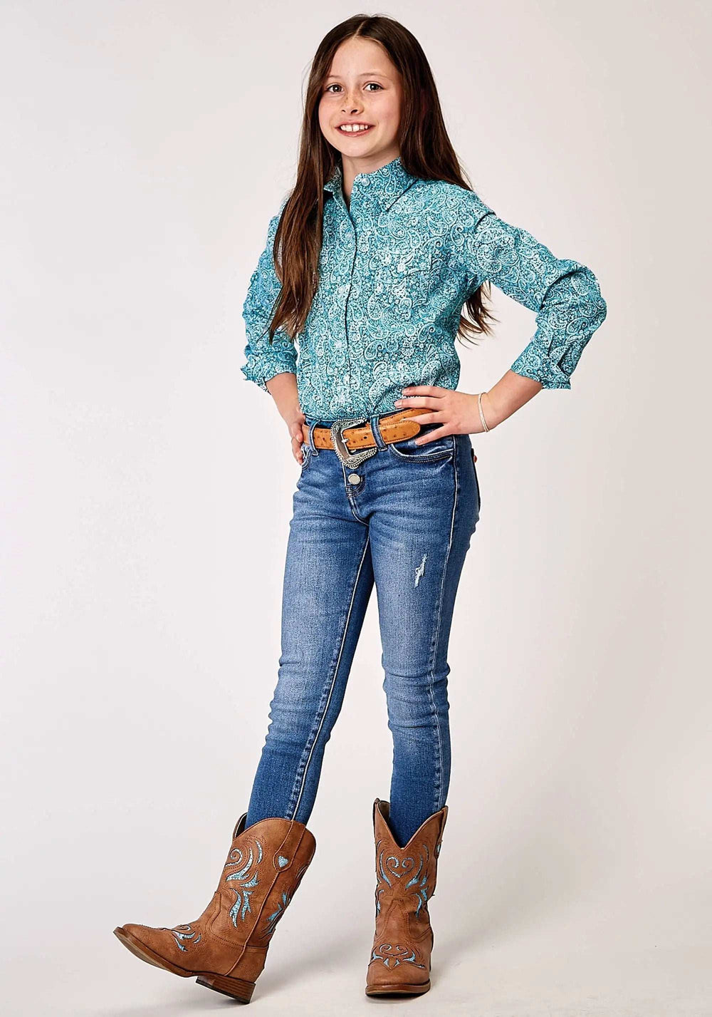 Roper Girls Long Sleeve Button Stretch Poplin Teal Paisley Western Shirt - Roper - Flyclothing LLC