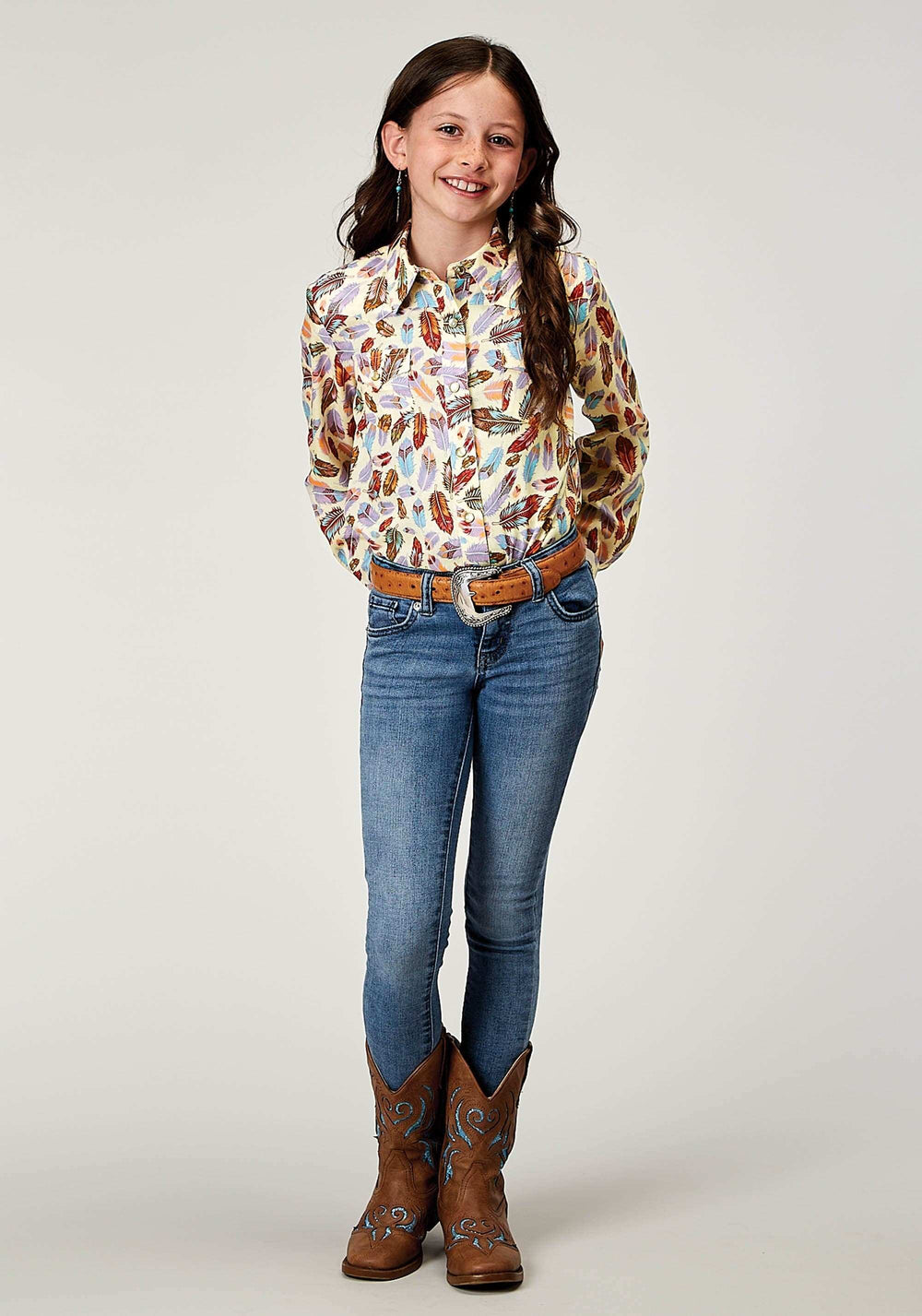 Roper Girls Long Sleeve Snap Feather Toss Printed Rayon Western Blouse - Roper - Flyclothing LLC