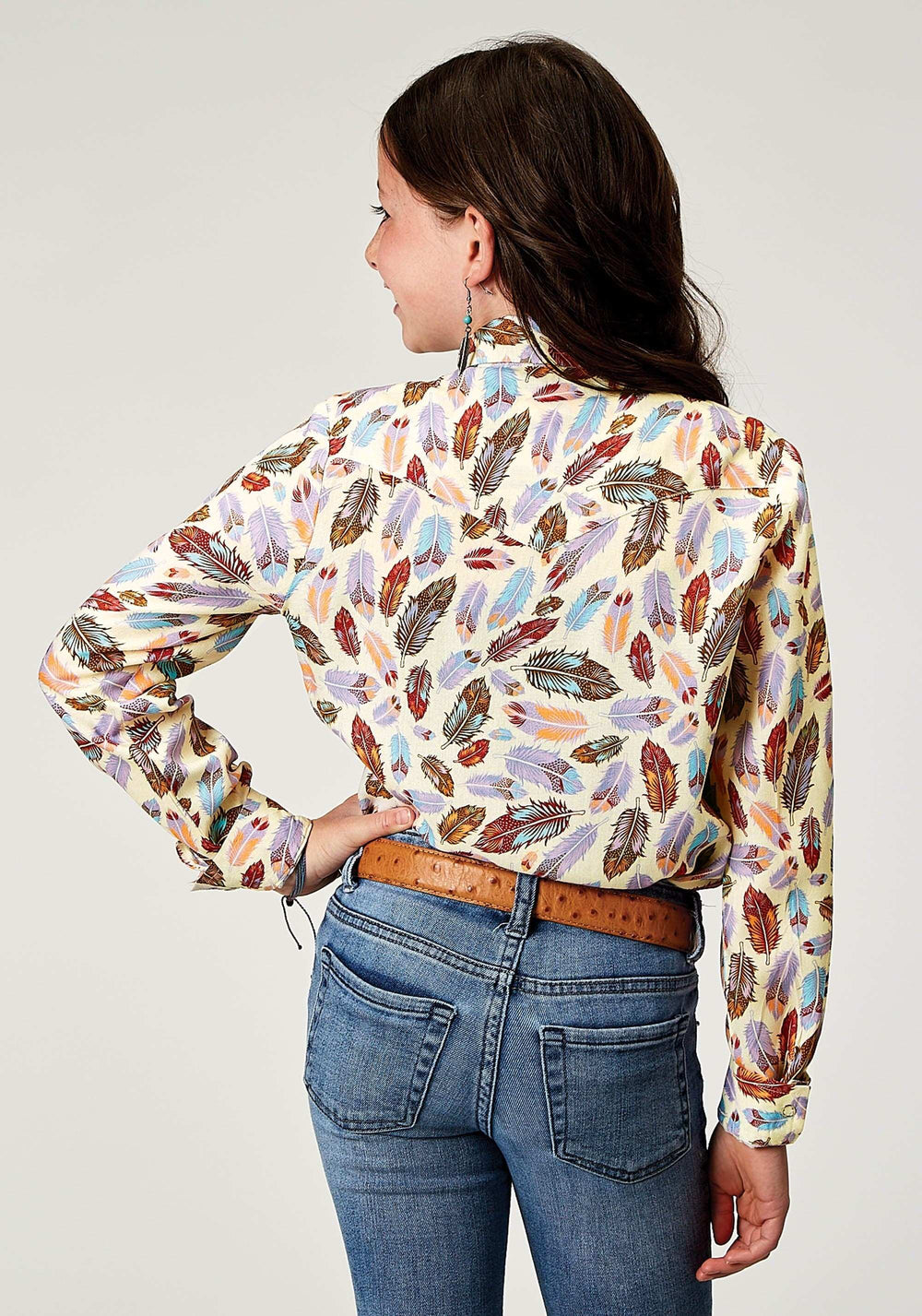 Roper Girls Long Sleeve Snap Feather Toss Printed Rayon Western Blouse - Roper - Flyclothing LLC