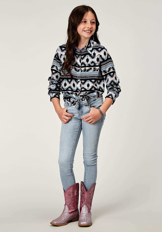 Roper Girls Long Sleeve Snap Navy Aztec Printed Rayon Western Blouse - Roper - Flyclothing LLC