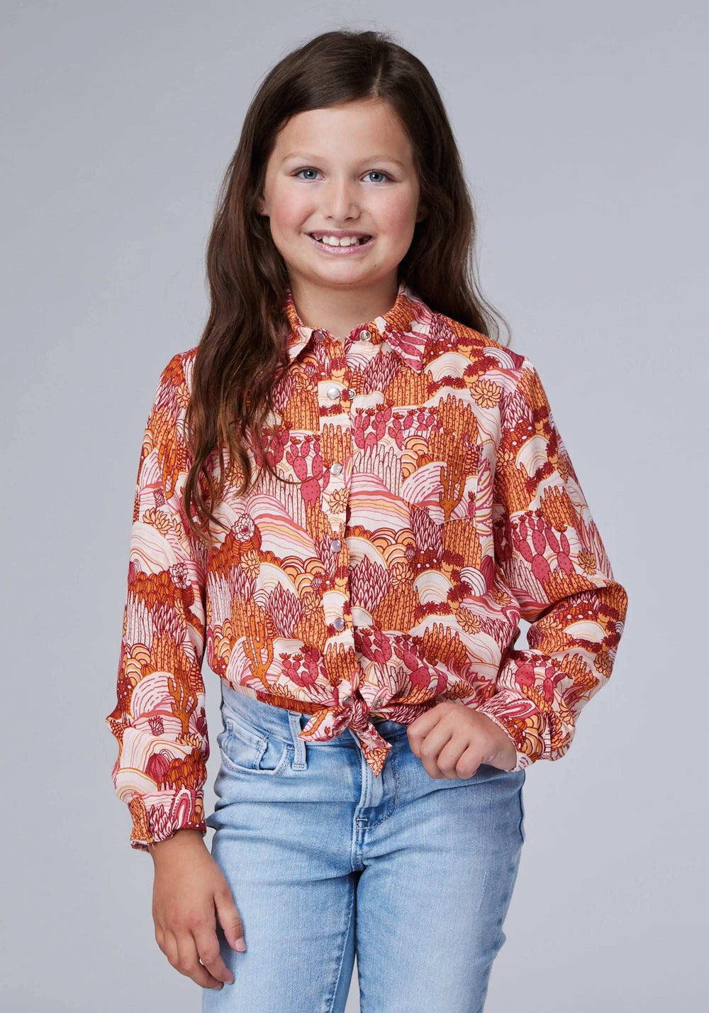 Roper Girls Long Sleeve Snap Groovy Cacti Printed Rayon Blouse With 1 Point Front And Back Yokes - Roper - Flyclothing LLC