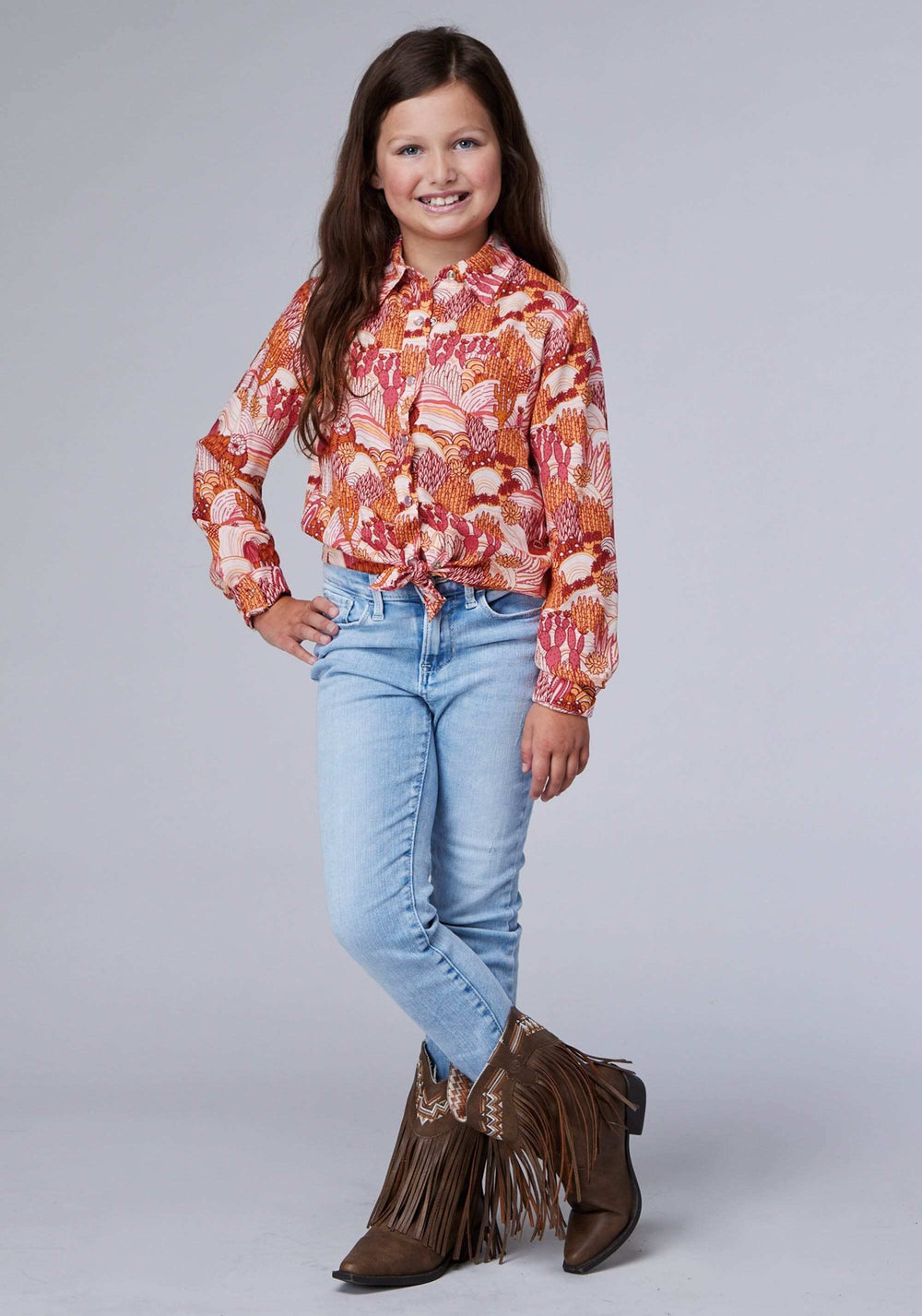 Roper Girls Long Sleeve Snap Groovy Cacti Printed Rayon Blouse With 1 Point Front And Back Yokes - Roper - Flyclothing LLC