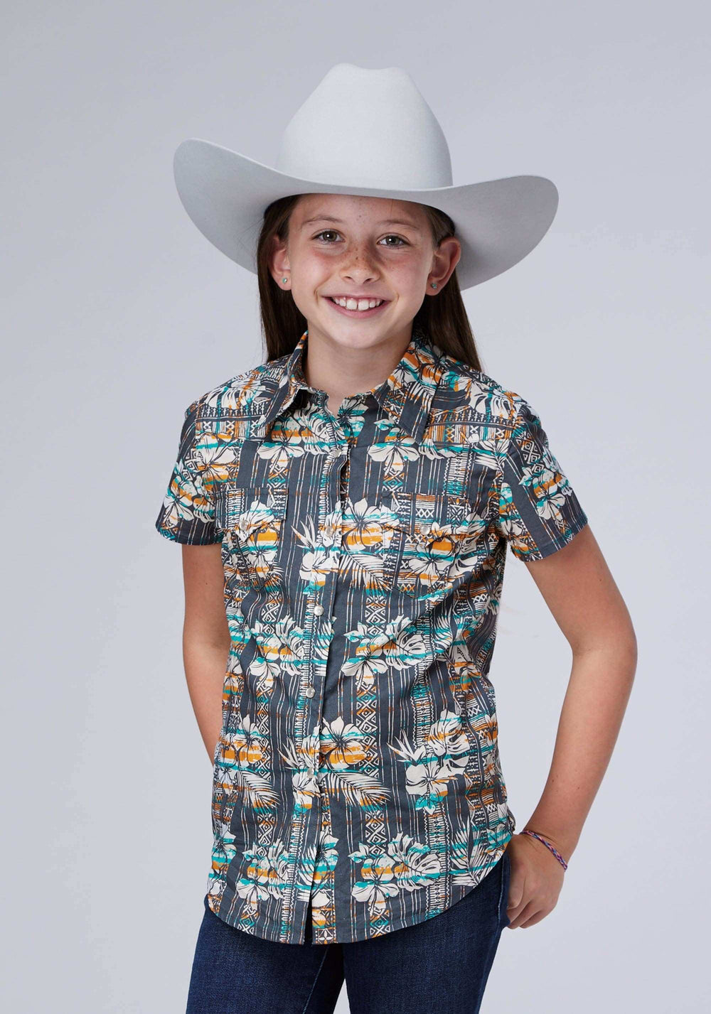 Roper Girls Sleeveless Snap Distressed Tropical Print Western Shirt - Roper - Flyclothing LLC