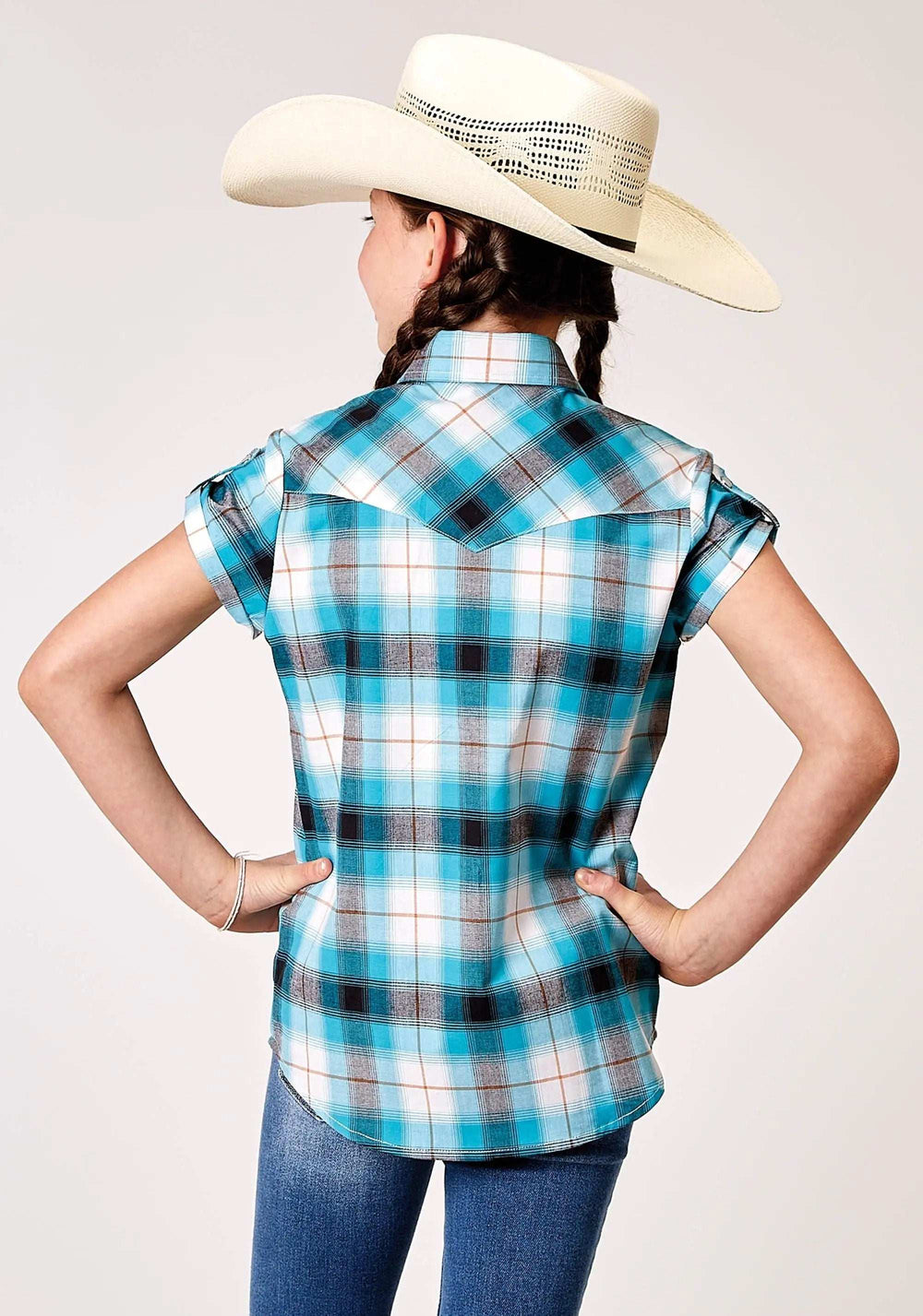 Roper Girls Short Sleeve Snap Stretch Poplin Turquoise Plaid Western Shirt - Roper - Flyclothing LLC