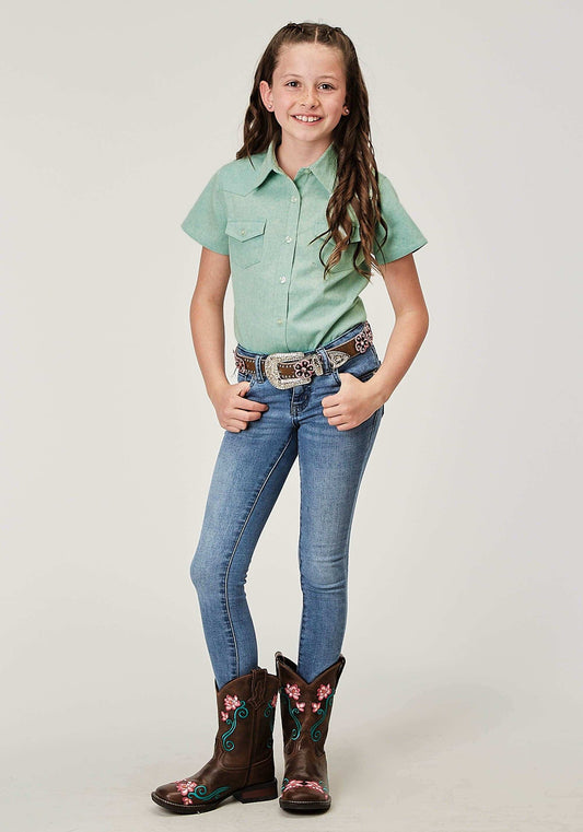 Roper Girls Short Sleeve Button Light Blue Denim Western Blouse With 1 Point Front And Back Yokes Double Needle Stitching - Roper - Flyclothing LLC