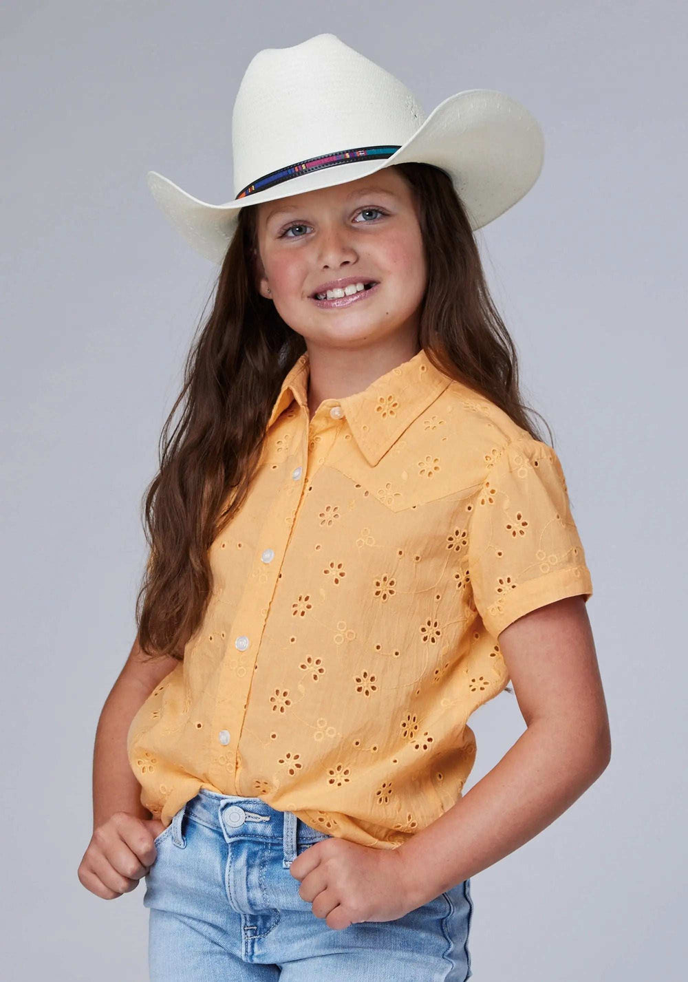 Roper Girls Short Sleeve Button Cotton Eyelet Western Blouse With 1pt Front And Back Yokes - Roper - Flyclothing LLC