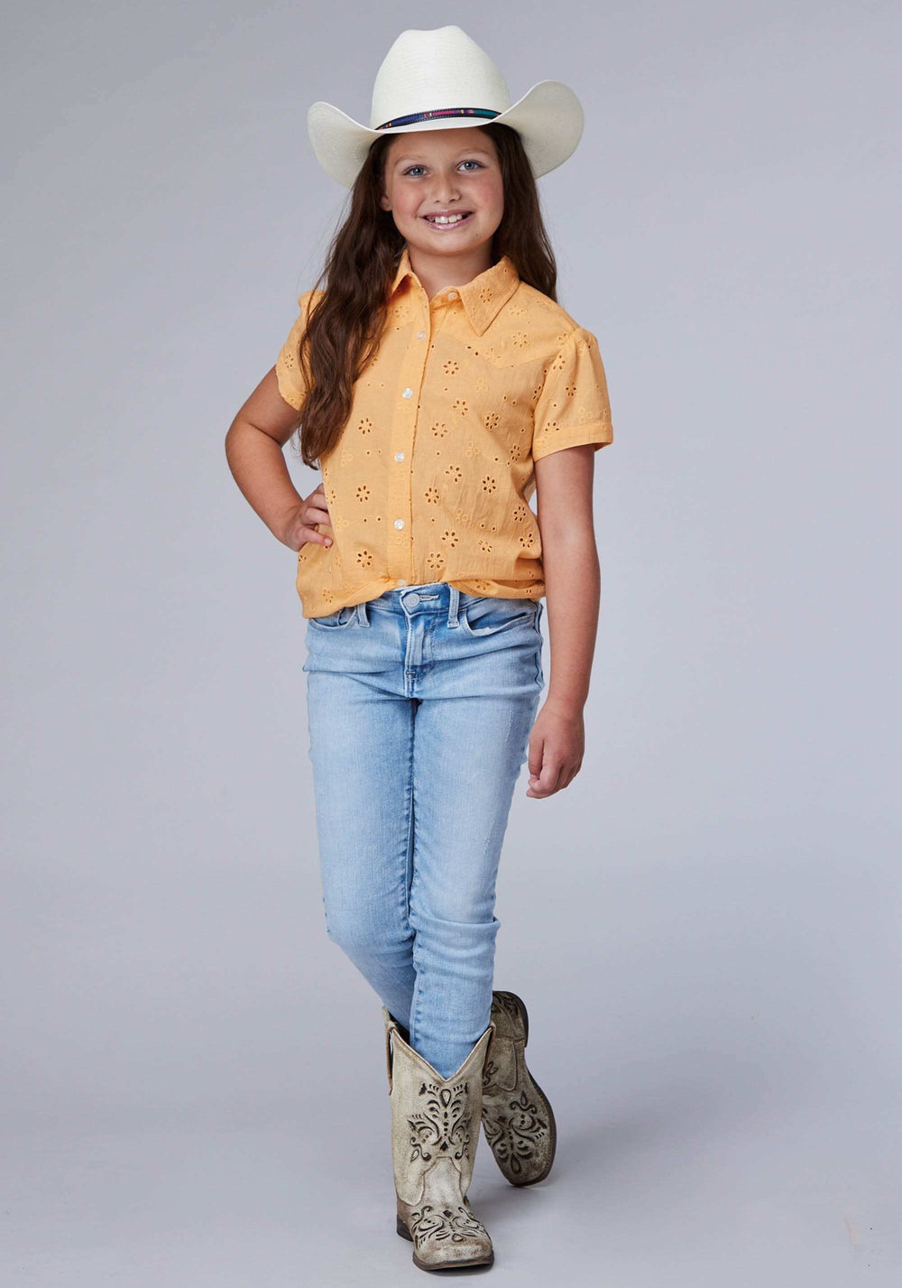 Roper Girls Short Sleeve Button Cotton Eyelet Western Blouse With 1pt Front And Back Yokes - Roper - Flyclothing LLC