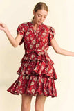 Davi & Dani Ruffle Flutter Sleeve Tie Belt Tiered Mini Dress - Trendsi - Flyclothing LLC