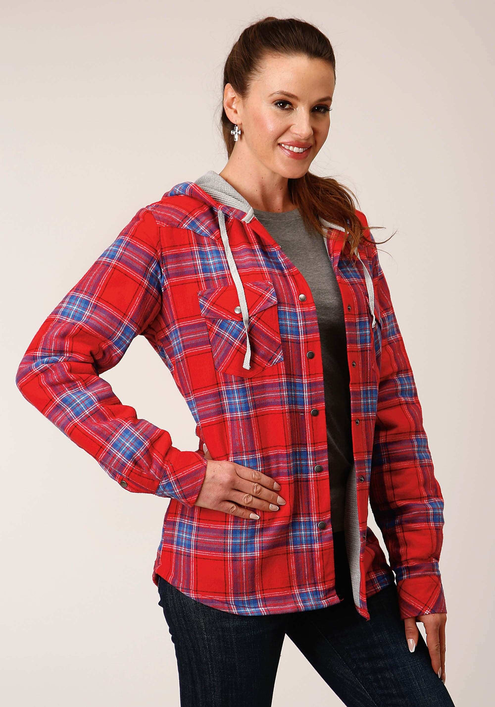 Roper Womens Snap Thermal Lined Flannel Shirt Jacket Coral Blue White Plaid - Roper - Flyclothing LLC