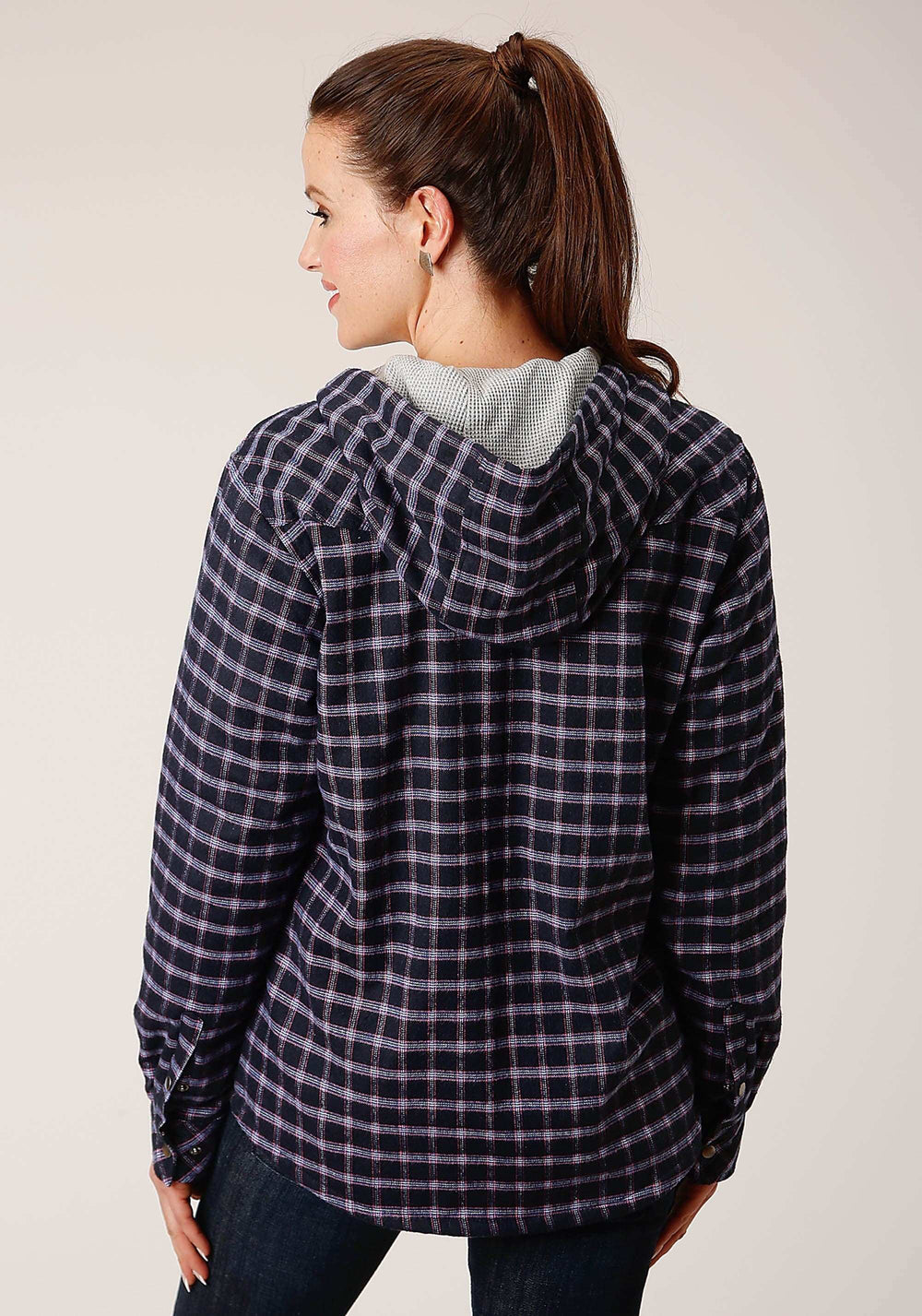 Roper Womens Snap Thermal Lined Flannel Shirt Jacket Navy Pink White Plaid - Roper - Flyclothing LLC