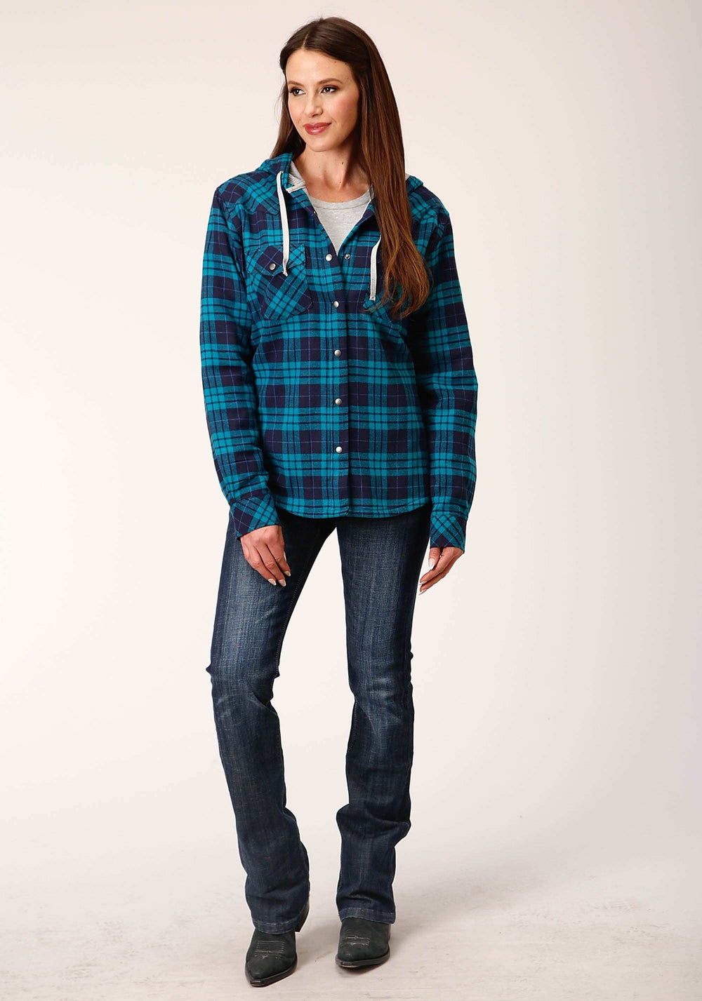 Roper Womens Snap Thermal Lined Flannel Shirt Jacket Turquoise Navy Plaid - Roper - Flyclothing LLC
