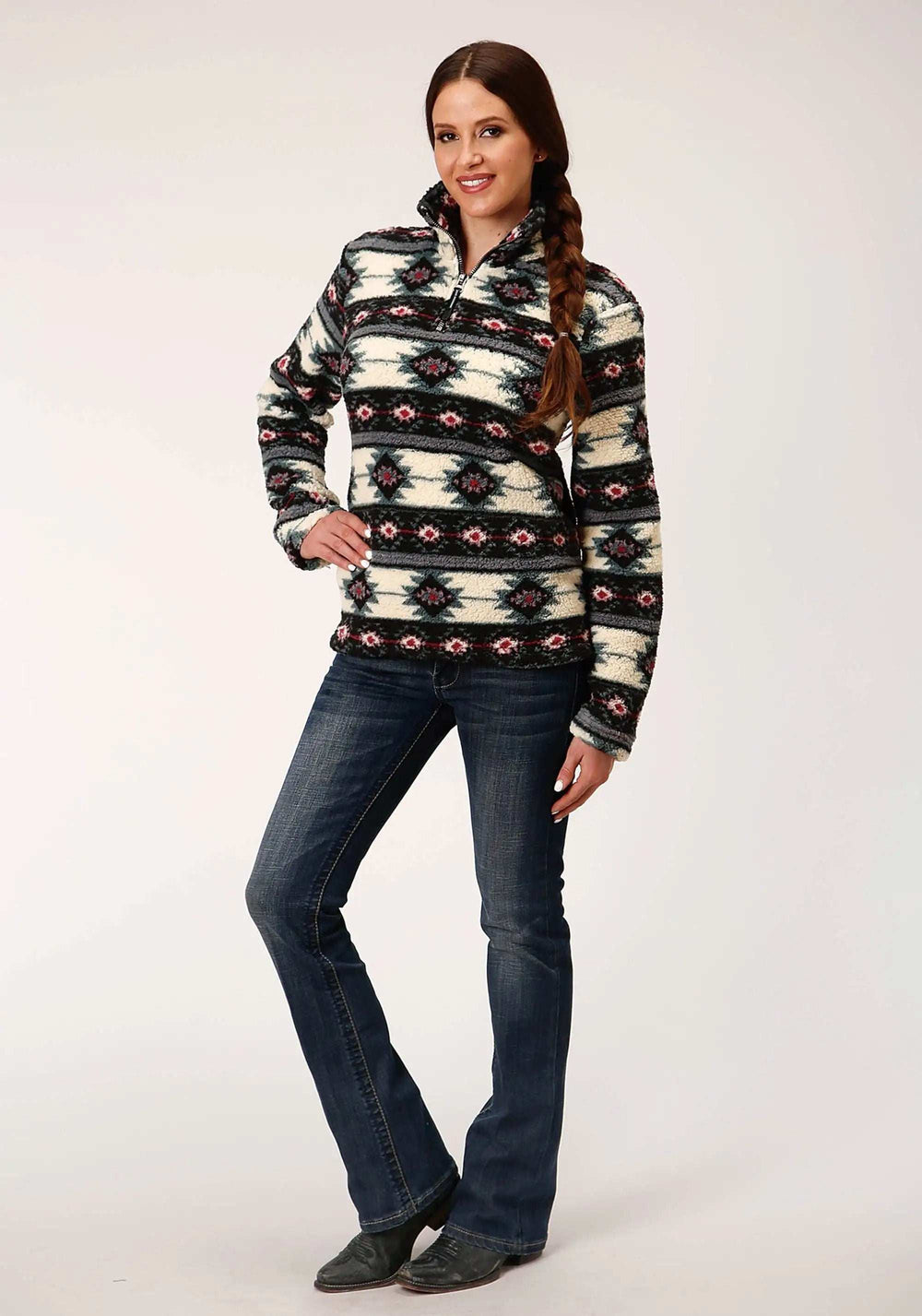 Roper Womens Aztec Print Polar Fleece Zipper Jacket With One Quarter Zip Front - Roper - Flyclothing LLC