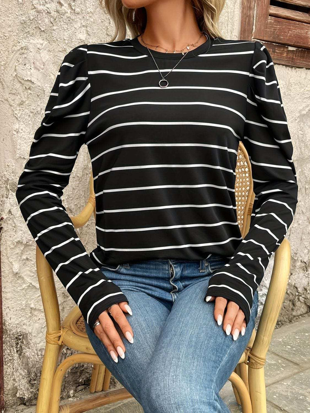 Full Size Striped Round Neck Puff Sleeve T-Shirt - Trendsi - Flyclothing LLC