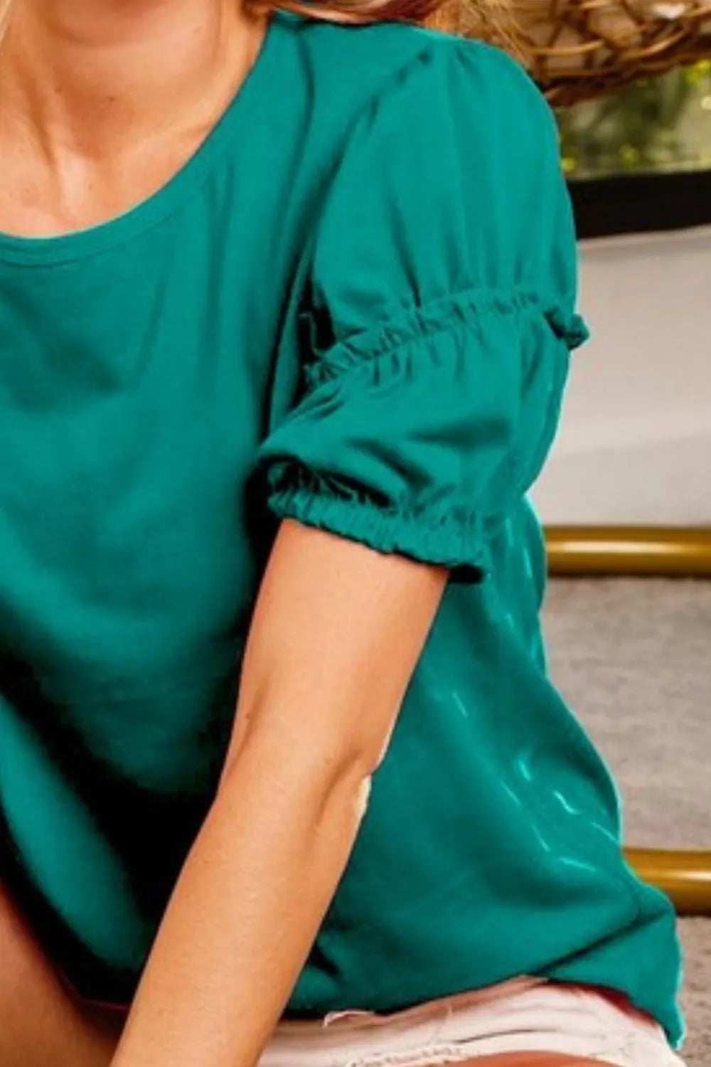 BiBi Cotton Span Shrring Detailed Round Neck Top - Trendsi - Flyclothing LLC